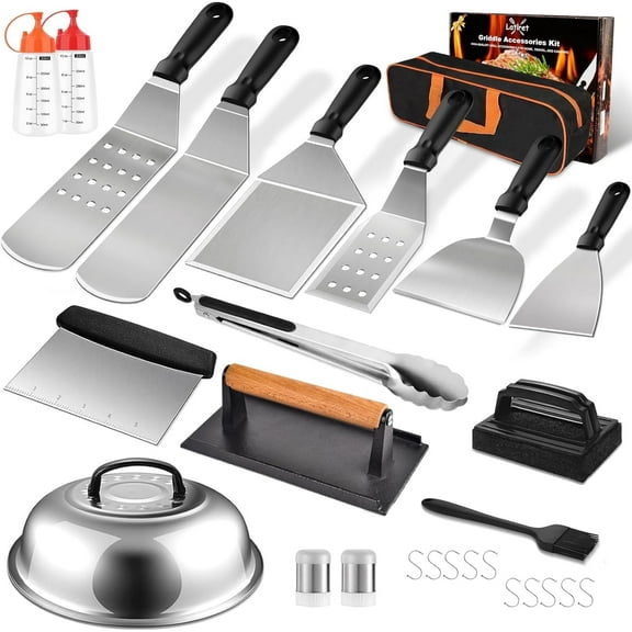 27-Piece Griddle Accessories Kit for Blackstone & Camp Chef. Features Enlarged Spatulas, Scraper & Basting Cover - The Complete BBQ Tool Set for Flat Top Grills