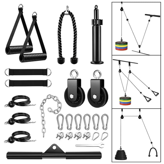 27-Piece Gym Pulley Cable System for Home Fitness, Heavy Duty Lat Pulldown Machine & Triceps Extension Trainer Attachments with Straight Bar and Silent Pulleys, 17.3 in / 44 cm