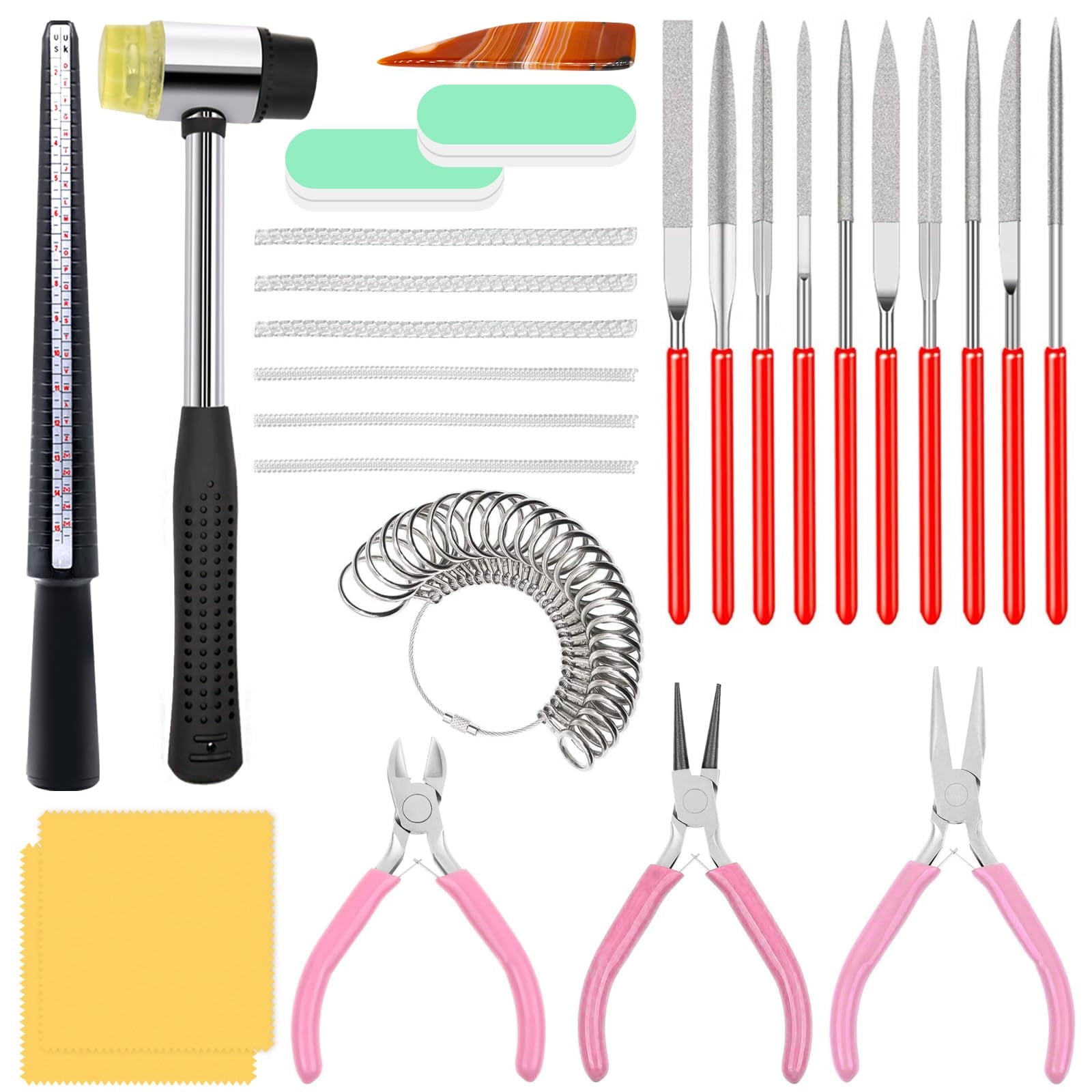 TOOLTOS 27-Piece Jewelry Making Tool Kit Includes Chain-Nose & Round-Nose Pliers, Wire Cutters, Needle Files, Ring Sizer Gauge (US Sizes), Rubber Mallet, Mandrel & Measuring Tools