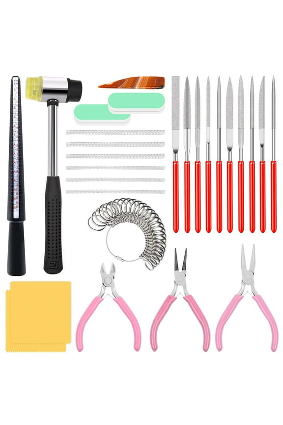 27-Piece Jewelry Making Tool Kit Includes Chain-Nose & Round-Nose Pliers, Wire Cutters, Needle Files, Ring Sizer Gauge (US Sizes), Rubber Mallet, Mandrel & Measuring Tools