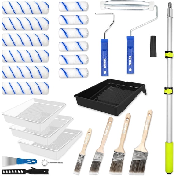 27-Piece Paint Roller Kit with 24 ft Extension Pole, 4" & 9" Rollers and Paint Brushes