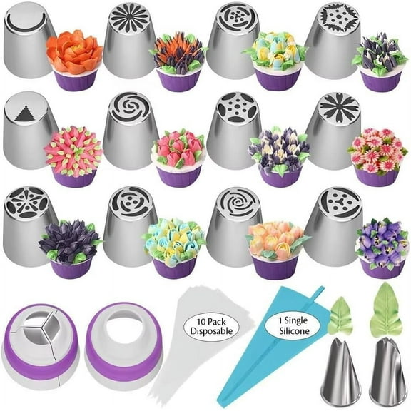 27-Piece Professional Icing Decorating Kit with Russian Piping Tips, Floral Piping Nozzles, Reusable Bags and Extra Large Flower Tips