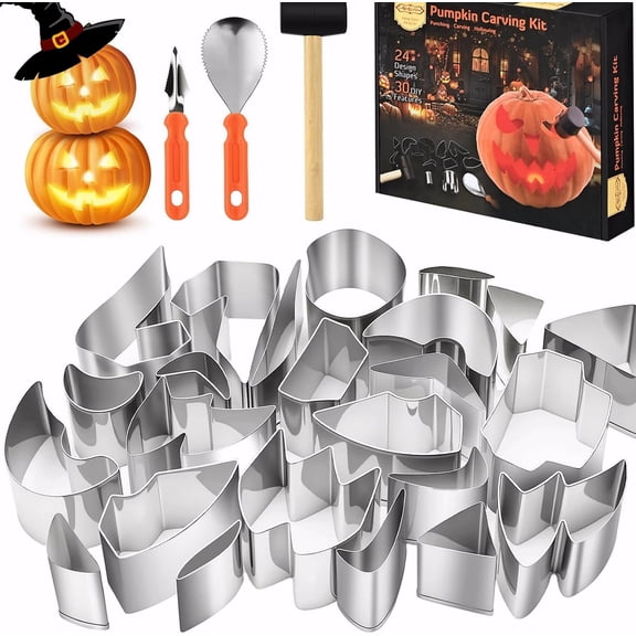 27 - Piece Pumpkin Carving Kit with Stainless Steel Tools, Stencils, Rubber Mallet, Scooper, Triangular Knife for Halloween Jack O Lantern Decorating, Kids Crafts, Party Supplies, Dishwasher