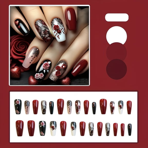 27 Pieces Elegant Dark Pink Rose Press On Nails Set - Reusable False Nails for Women