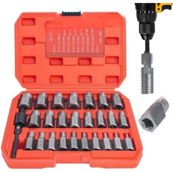 27-Pieces Screw Extractor Set, 3/8" Inch Impact Double Head Easy Out Bolt Remover Kit, Hex Head Multi-Spline for Removing Stripped, Rounded, Damaged, Broken Screws, Bolts, Studs$$