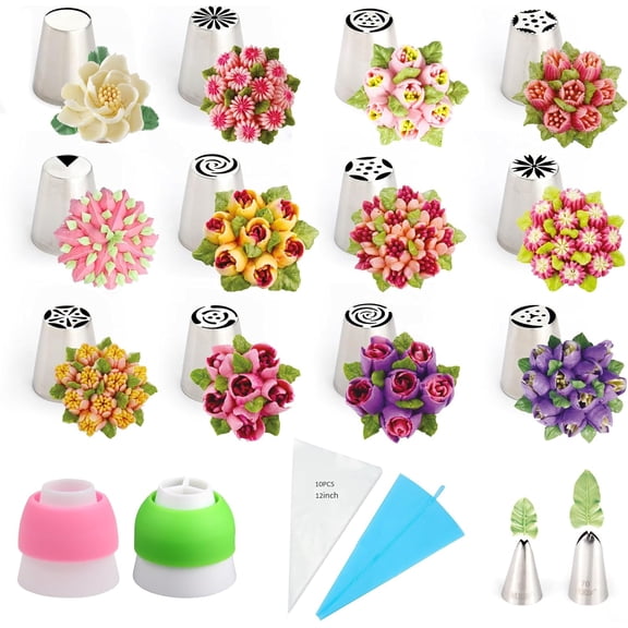 27 Pieces Small Stainless Steel Russian Flower Icing Tips Kit,12 Russian Tips, 2 Small Leaf Flower Piping Tips,2 Plastic Couplers,10 Disposable Pastry Bags,1 Reusable Piping Bag for Cake Decorations