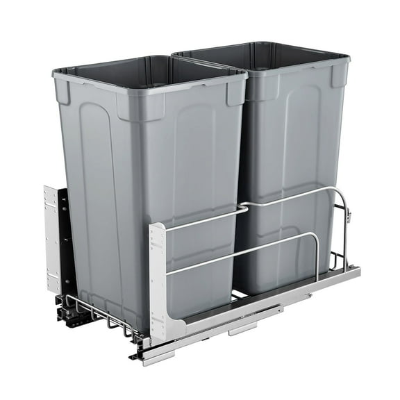 27 QT Pull Out Trash Can Double Under Mount Kitchen Waste Bin with Soft Close Slide and Door Kit Grey