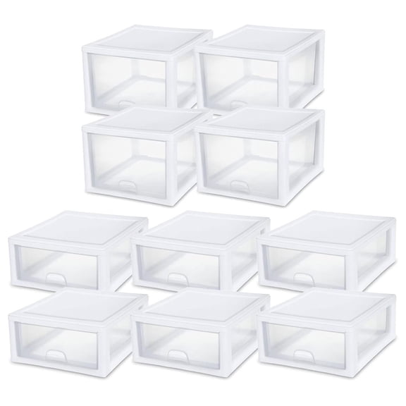 27 Quart (4 Pack) and 16 Quart (6 Pack) Stackable Clear Plastic Storage Drawer Containers for Home and Office Organization, White