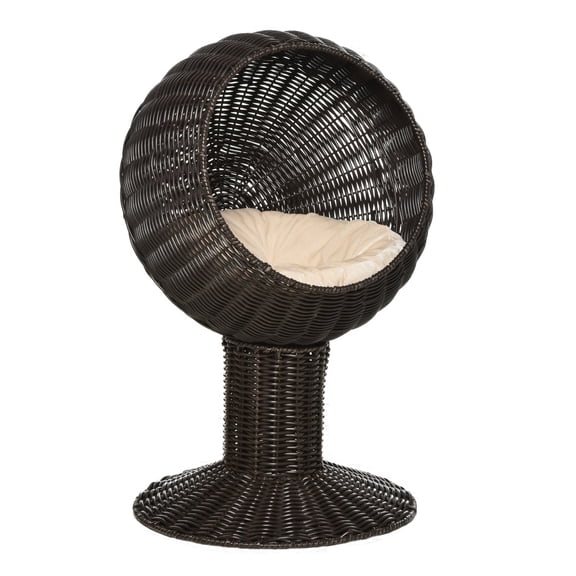 27" Rattan Wicker Elevated Cat House Kitty Scratch House Pet Bed W/ Cushion