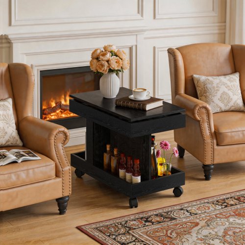 27" Rotating Wheeled Coffee Tables, Farmhouse Center Table With Lockable Casters, Rustic Storage Table For Bedroom And Living Room Indoor Use, Black