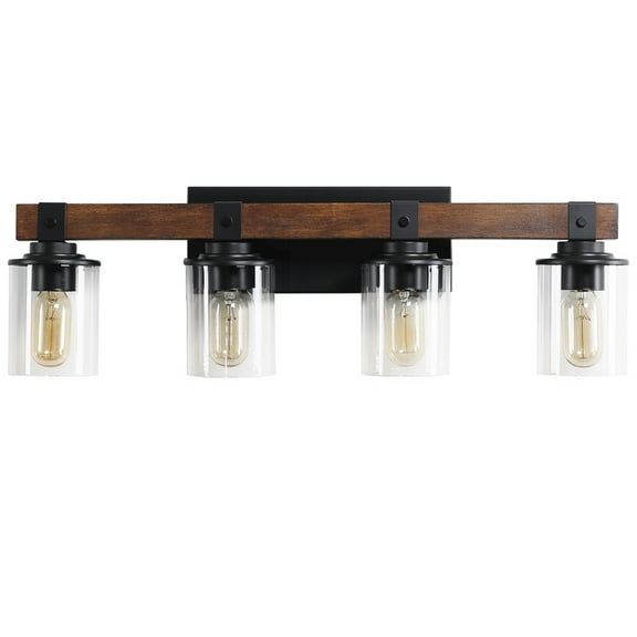 27" Rustic 4 Light Bathroom Vanity Light Over Mirror, Walnut Industrial Wall Sconce with Glass Shades and Wood Accents, Farmhouse Light Fixture for Sink or Dressing Room (No Bulbs)