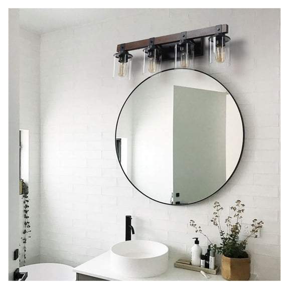 27" Rustic 4-Light Vanity Light, Industrial Bathroom Sconce with Wood Accent & Glass Shades, Farmhouse Wall Lighting Fixture (No Bulbs)