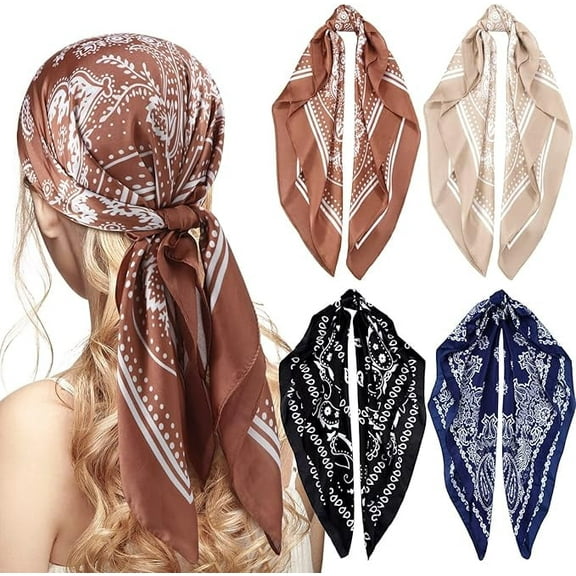 27 Satin Large Square Head Scarves - 4PCS Boho Silk Like Neck Scarf Hair Sleeping Wraps Satin Silk Scarfs for Women