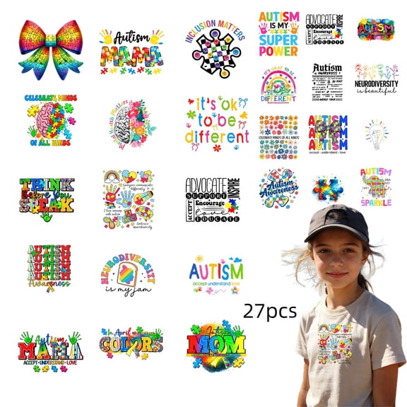 27 Sheets Iron On Transfers, DTF Transfer Ready to Press for T-Shirts, Autism Awareness Colorful Designs With Rainbow Motifs , DIY Gift for Women Girls, Waterproof Heat Transfer Vinyl for Apparel