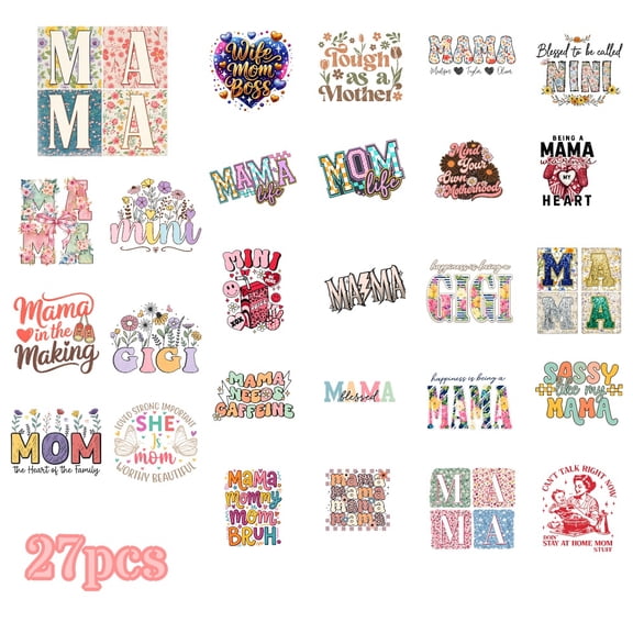 27 Sheets Mother's Day Iron On Transfers, DTF Transfer Ready to Press for T-Shirts, Mama Mom Life Heart Love , DIY Gift for MAMA, Waterproof Heat Transfer Vinyl for Apparel