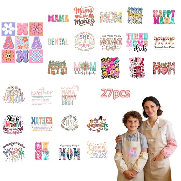 27 Sheets Mother's Day Iron On Transfers, DTF Transfer Ready to Press for T-Shirts, Mama Mom Mother Love Happy , DIY Gift for MAMA, Waterproof Heat Transfer Vinyl for Apparel