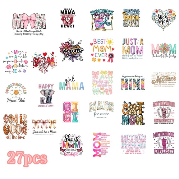 27 Sheets Mother's Day Iron On Transfers, DTF Transfer Ready to Press for T-Shirts, Mom Love Heart Craft Flower , DIY Gift for MAMA, Waterproof Heat Transfer Vinyl for Apparel