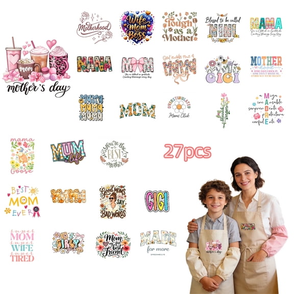 27 Sheets Mother's Day Iron On Transfers, DTF Transfer Ready to Press for T-Shirts, Mother's Day Themed Designs , DIY Gift for MAMA, Waterproof Heat Transfer Vinyl for Apparel