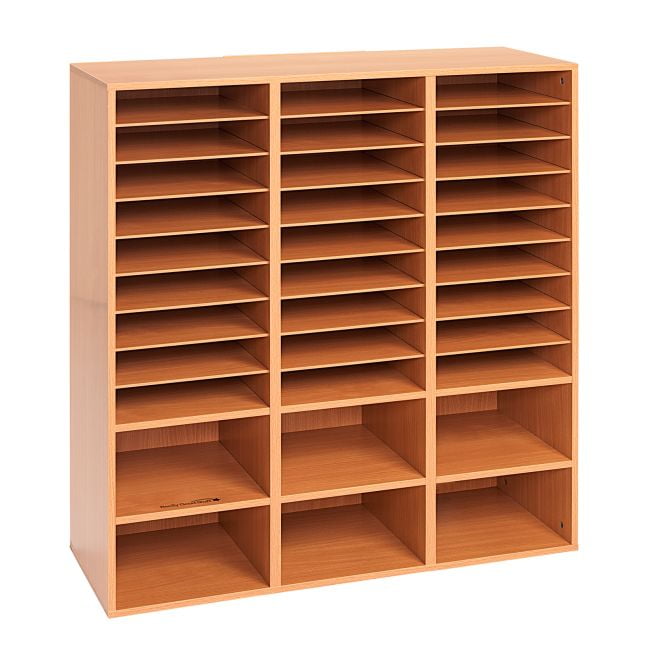 Light Brown Laminated 27-Slot Mail Center with 6 Cubbies