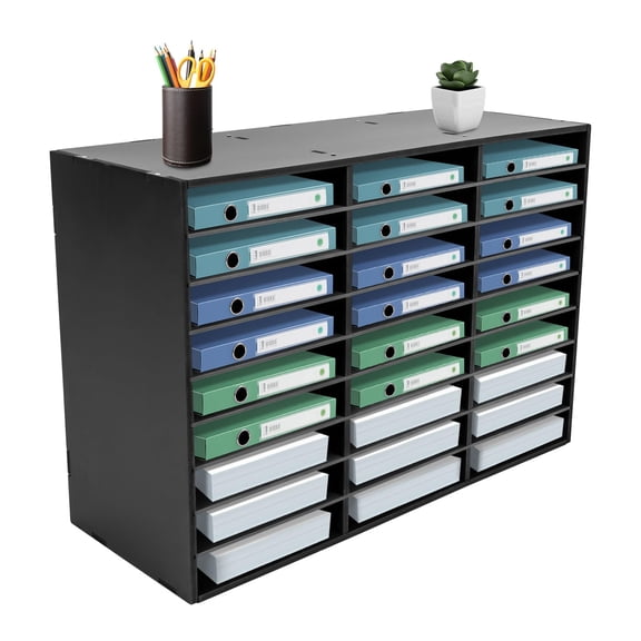 27 Slot Mail Center Organizer with Removable Dividers, PVC Literature File Sorter for Office , Paper Storage Cabinet, Black