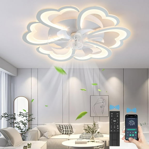 27" Smart Ceiling Fan with Lights and Remote, Modern Flush Mount Enclosed Ceiling Fan, Low Profile Dimmable Indoor Ceiling Fan Light for Bedroom Living Room Kitchen Kids Room Patio - White