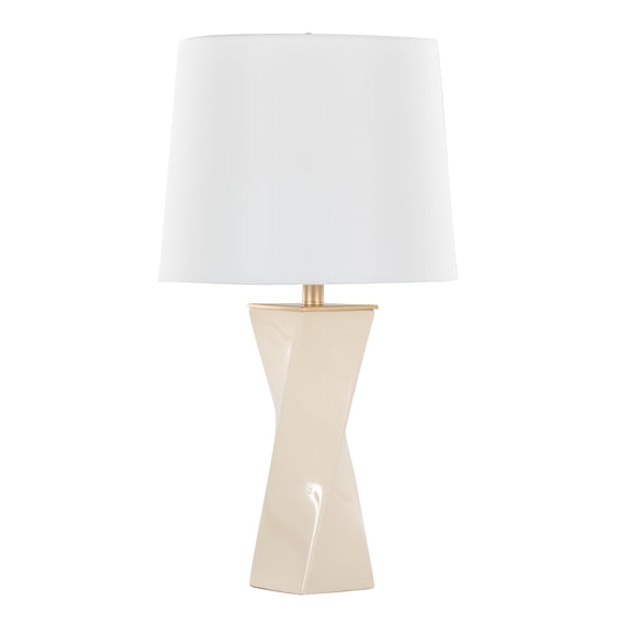 27" Square Contemporary Cream Ceramic Table Lamp with Gold Metal and White Linen Shade