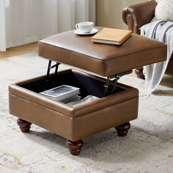 27" Square Ottoman Coffee Table Faux Leather Lift Top Storage Footrest Stool Bedroom Living Room Brown
