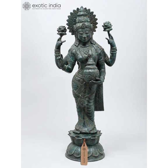 27" Standing Goddess Lakshmi with Wealth Pot | Brass Statue