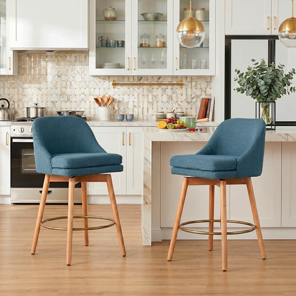 27'' Swivel Counter Heigh Bar Stools, Set of 2, Fabric Bar Stools for Kitchen Island, Modern Bar Stools with Solid Wood Legs and Curved Back,Blue