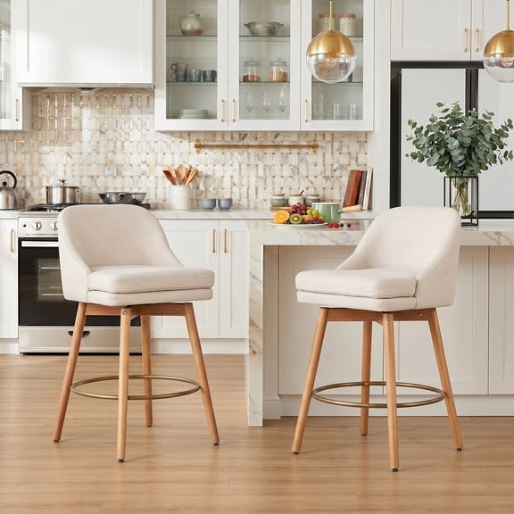 27'' Swivel Counter Heigh Bar Stools, Set of 2, Fabric Bar Stools for Kitchen Island, Modern Bar Stools with Solid Wood Legs and Curved Back,Sand