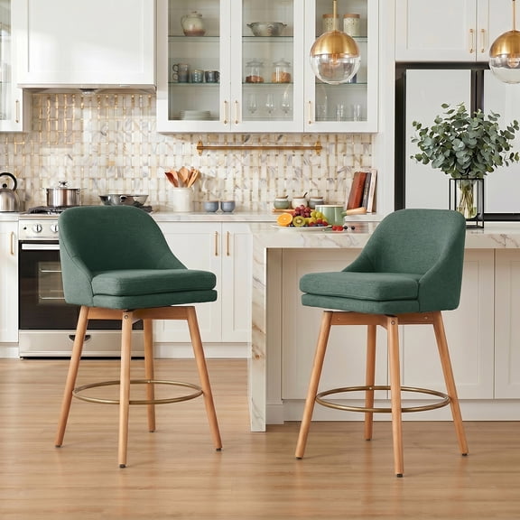 27'' Swivel Counter Heigh Bar Stools, Set of 2, Fabric Bar Stools for Kitchen Island, Modern Bar Stools with Solid Wood Legs and Curved Back,Green