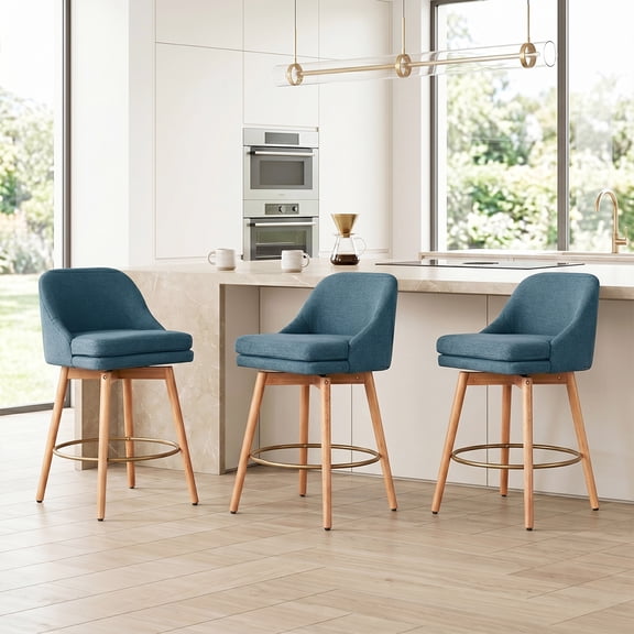 27 '' Swivel Counter Heigh Bar Stools, Set of 3, Fabric Bar Stools for Kitchen Island, Modern Bar Stools with Solid Wood Legs and Curved Back,Blue