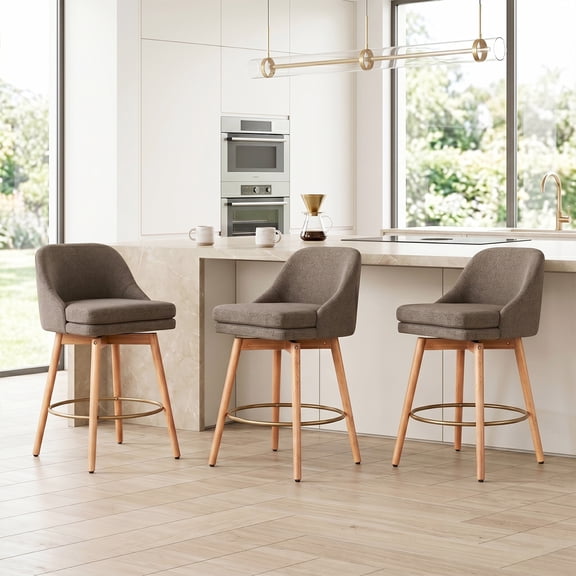 27 '' Swivel Counter Heigh Bar Stools, Set of 3, Fabric Bar Stools for Kitchen Island, Modern Bar Stools with Solid Wood Legs and Curved Back,Brown