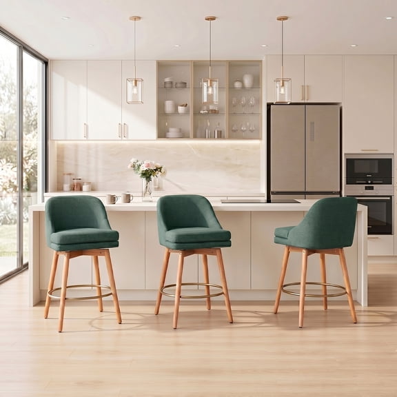 27'' Swivel Counter Heigh Bar Stools, Set of 3, Fabric Bar Stools for Kitchen Island, Modern Bar Stools with Solid Wood Legs and Curved Back,Green