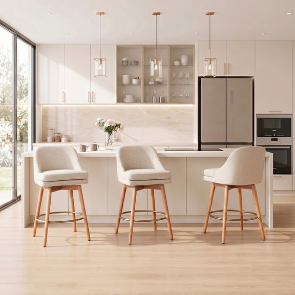 27'' Swivel Counter Heigh Bar Stools, Set of 3, Fabric Bar Stools for Kitchen Island, Modern Bar Stools with Solid Wood Legs and Curved Back,Sand