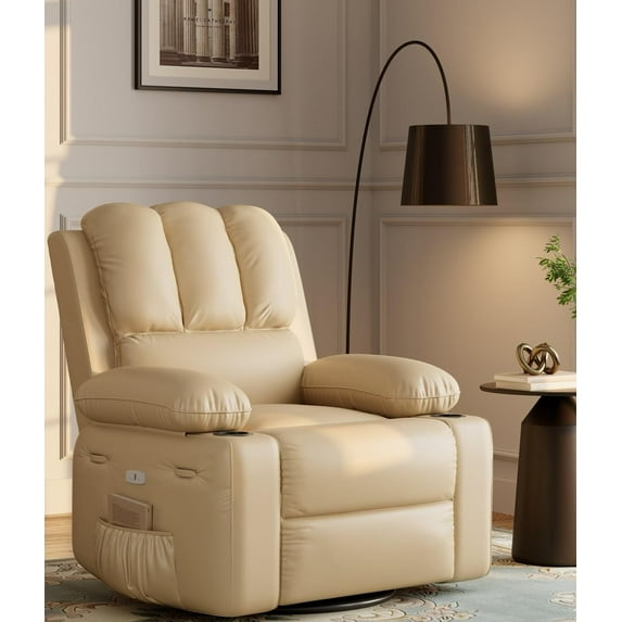 27" Swivel Rocker Recliner Chair with Massage & Heat - Padded Single Sofa with Cup Holder, Side Storage Pocket - Living Room & Bedroom Comfort Seating(Beige)