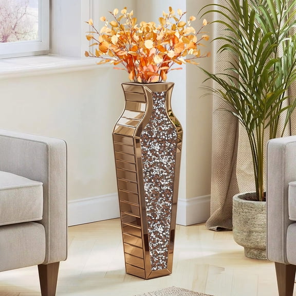 27" Tall Crushed Diamond Floor Vase, Tea-colored Large Vases for Decor Living Room, Crystal Mirrored Home Decor Vases for Dried Flower