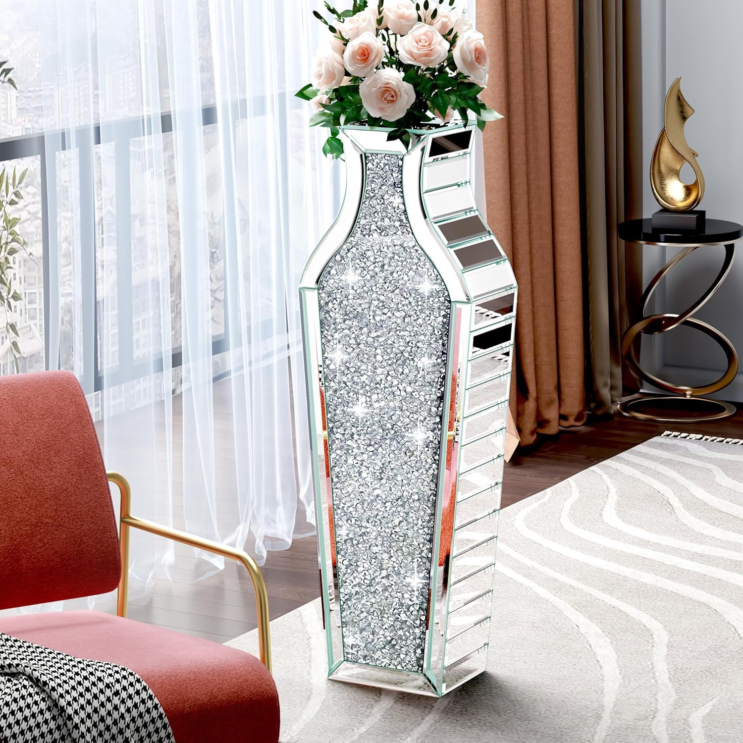 27" Tall Floor Crystal Vase Crushed Diamond Floor Vase Large Silver ...