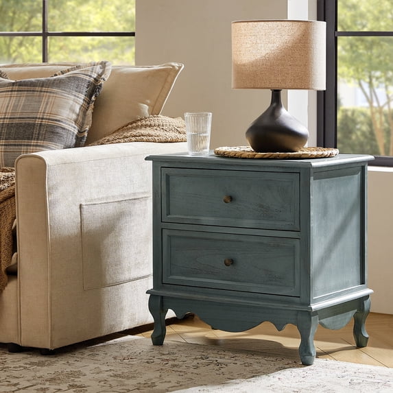 Wooden End Table with Charging Station Space 2 Drawers Table Living Room Blue