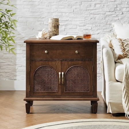 Tina's Home 27" Tall Traditional Storage Wood End Table with Charging Station & Adjustable Shelf, Side Table for Apartment and Living Room Walnut