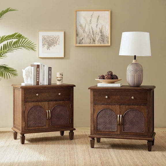 Tina's Home 27" Traditional End Table with Charging Station and Solid Wood Legs, Arched Faux Rattan Cabinet Door, Living Room Accent Table