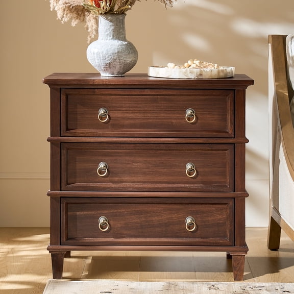 27" Traditional 3 Drawers Solid wood End Table with Charging Station Walnut