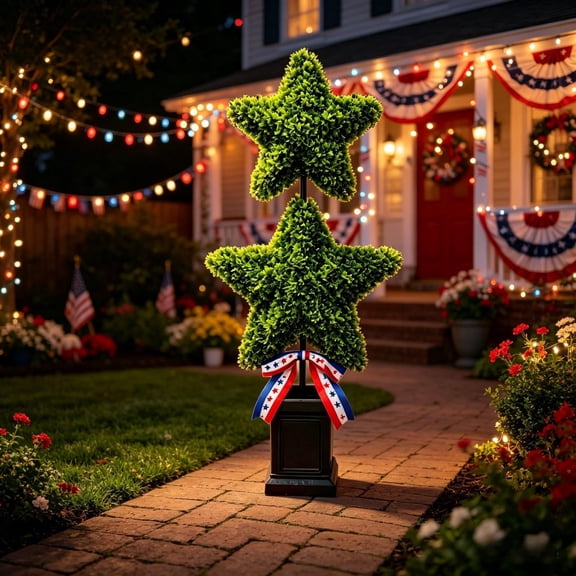 27" Two Star Topiary Patriotic Tree 4th of July Decoration Boxwood Topiary Trees Artificial Plant for Porch Entryway Front Door UV Resistant Faux Topiary Star Tree 250th Anniversary Decor