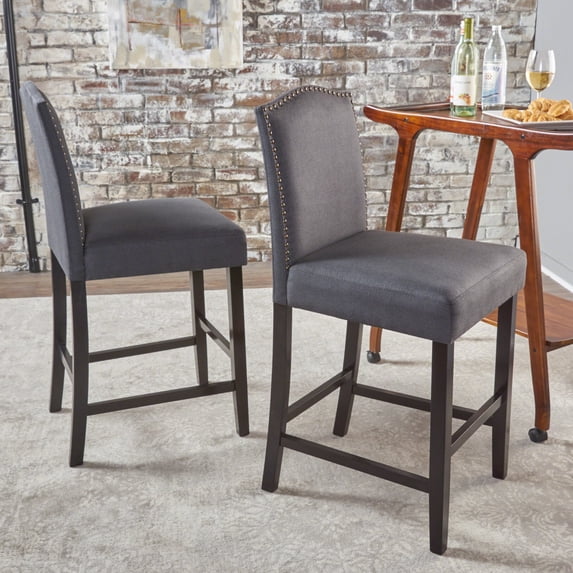 27" Upholstered Barstools Set of 2,Counter Height Bar Stools with Nailhead Trim, Armless Dining Chairs with Backrest for Dining Room, Living Room,Cafe, Bar,Grey