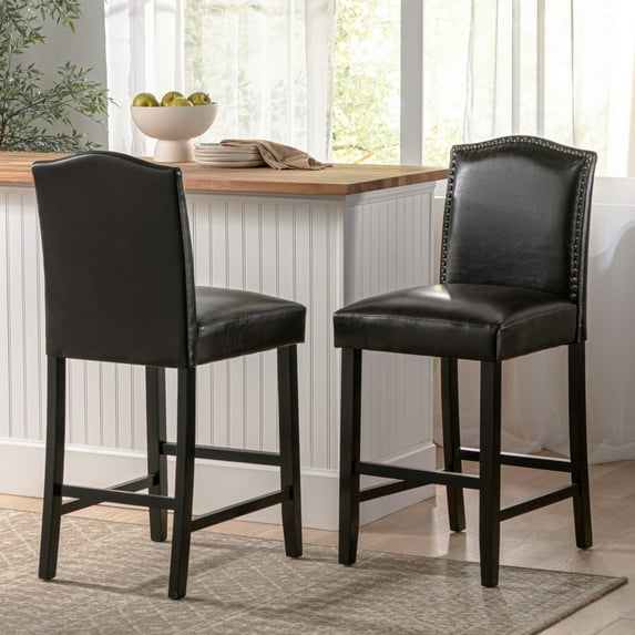 27" Upholstered Barstools Set of 2,Counter Height Bar Stools with Nailhead Trim, Leather Armless Dining Chairs with Backrest for Dining Room, Living Room,Cafe, Bar,Brown