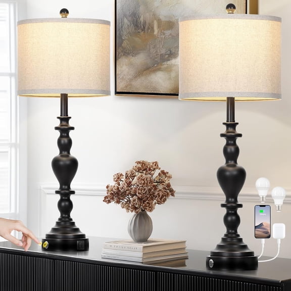 27" Vintage Table Lamps for Living Room Set of 2, Farmhouse Rustic Nightstand Lamps with USB C+A Ports, 3-Way Dimmable Bedside Lamp for Bedrooms Office Dorm, 2 LED Bulbs Included Washed Antique Black
