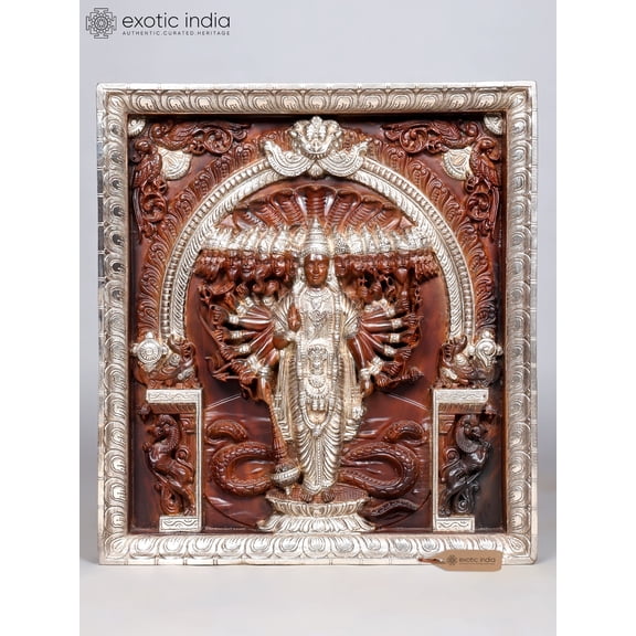 27" Vishvarupa of Lord Vishnu | Wood Carved Wall Hanging Panel with Silver Cladding