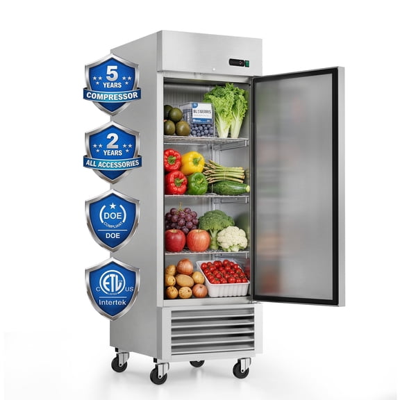 27" W Commercial Reach-In Refrigerator, 23 Cu.Ft Upright Single Door Stainless Steel Fridge with 3 Adjustable Shelves, Auto Defrost, Digital Thermostat Control & LED Lighting