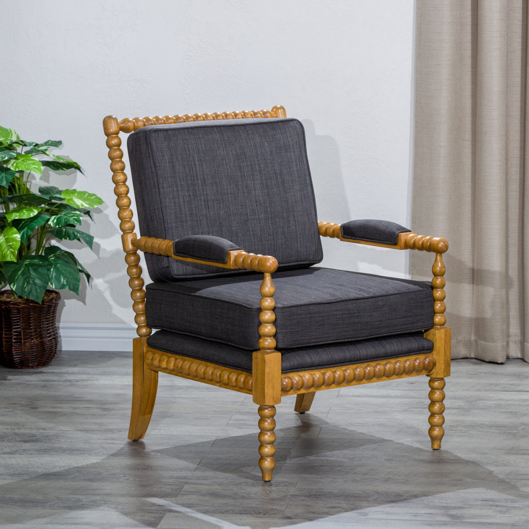 27 W Spindle Chair Wood Armchair with Thick Padded Cushion Modern Accent Chair Leisure Sofa Chair for Living Room Bedroom Oak Charcoal Walmart