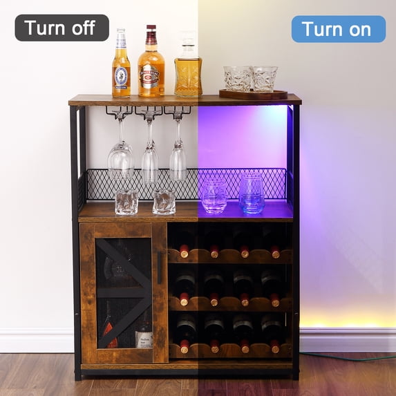 27"W Wine Bar Cabinet with LED Light, Freestanding Liquor Cabinet with Wine Rack&Storage Shelf, Kitchen Sideboard Buffet Sideboard with Buffet Mesh Door for Living Room,Dining Room